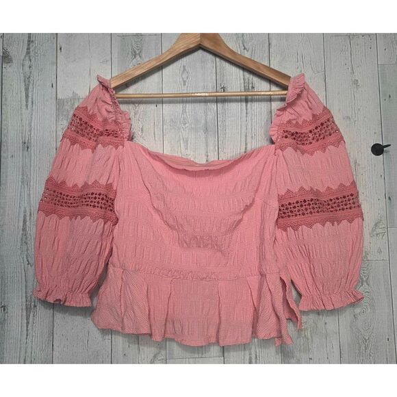 Antit Viscose Blend ON or Off Shoulder Micro Gingham Prarie Milkmaid Crop Top Sz - Picture 1 of 6